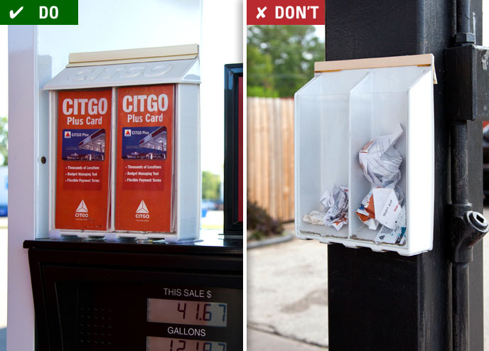 Credit card application holders are present at dispenser, in good repair and stocked with appropriate CITGO credit card messages.