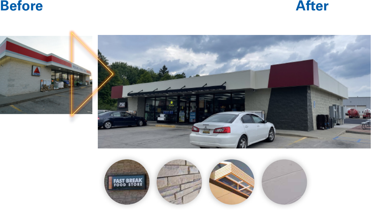 C-store exterior image before and after comparison