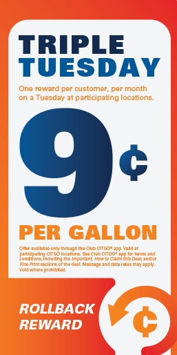 Triple Tuesday, save up to 9 cents a gallon only with the Club CITGO app