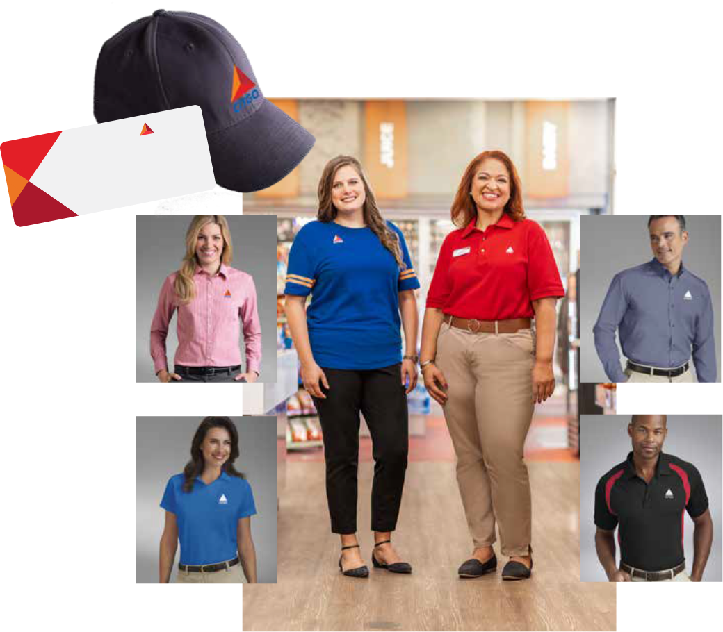 People modeling uniforms, nametags and caps