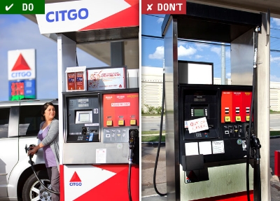 Do: All gasoline fueling dispensers are clean, well maintained and in working order, Don't: Gasoline fueling dispensers are not clean or well maintained