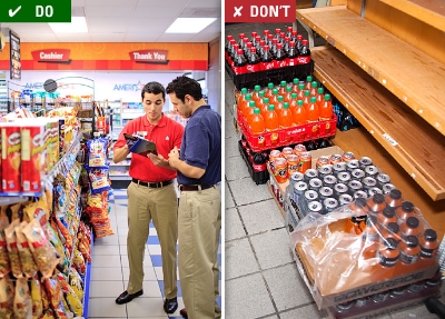 Do: Shelves are well merchandised, clean and well stocked, including coolers, Don't: Shelves are empty.