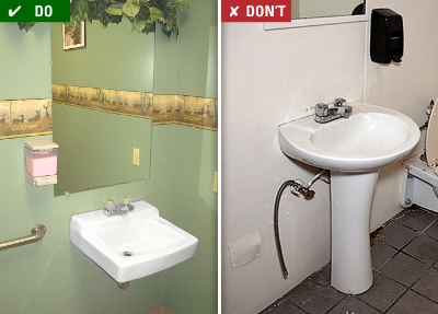 Do: Restroom fixtures and lights are in good condition, Don't: Poor fixtures and lighting