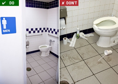 Do: Clean Restroom, Don't: Dirty Restroom